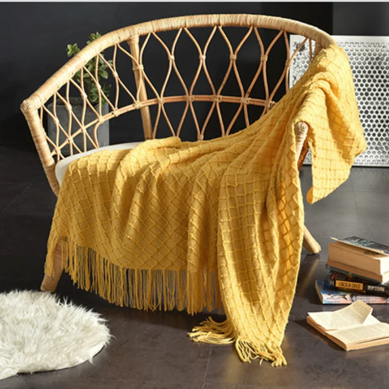 Boho Throw Blanket Fringe - Senfgelbe Strukturierte Strickdecke Boho Diamantmuster Sofabezug